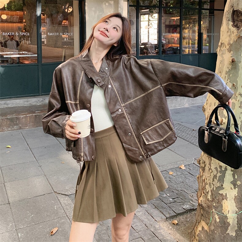 pu机车皮衣春秋外套女2025新款显瘦酷飒风气质棕色复古短夹克上衣,女装皮衣,2C316