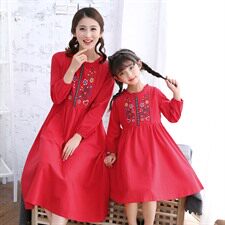 2021民族风春夏新款宽松文艺绣花连衣裙中长款唐装裙子，童装亲子装，安之芮娜