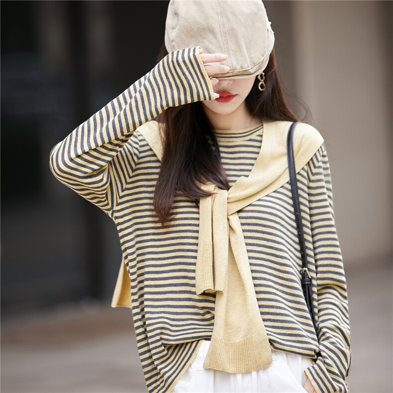 两件套披肩条纹针织衫女宽松休闲圆领毛衣外穿洋气百搭上衣秋冬新，披肩，圣丽羊绒