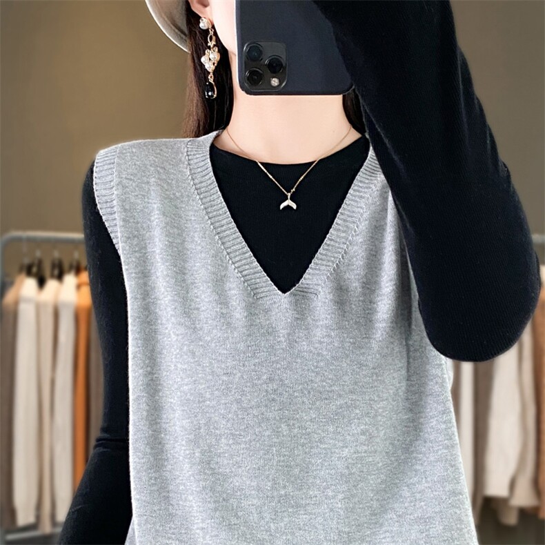 100％纯棉针织马甲女V领宽松短款全棉线坎肩春秋新款纯色百搭马甲，女装马甲，阁惠羊绒