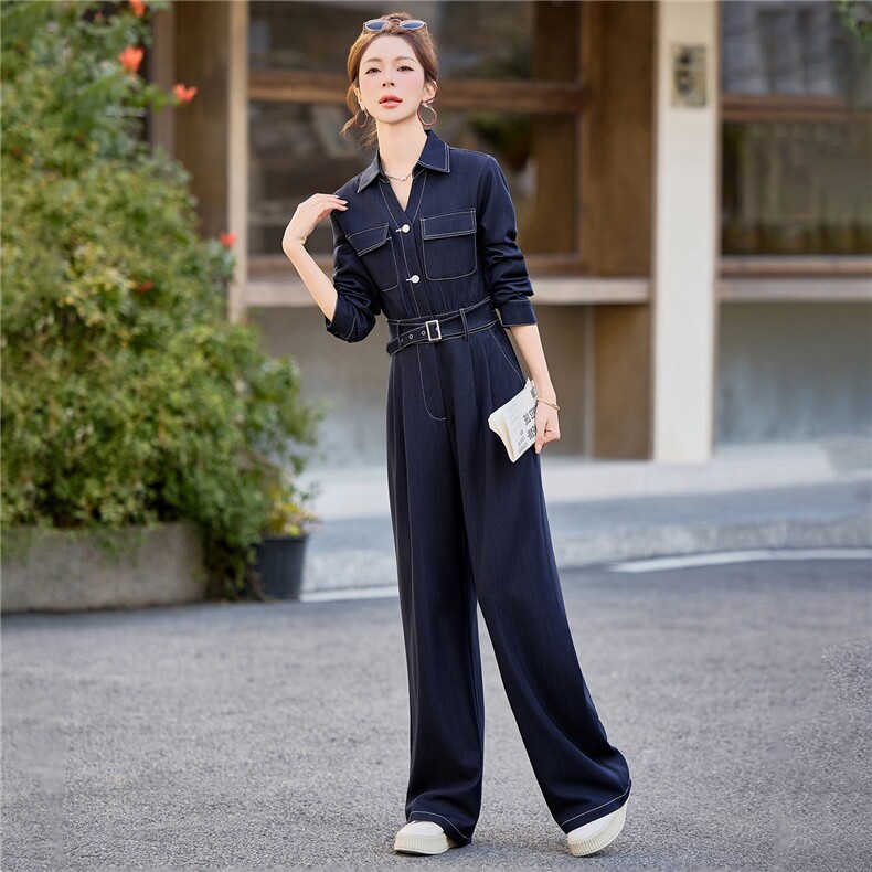 （新款现货）2026春装时尚高级显瘦天丝牛仔V领腰带阔腿连体裤,女装连体裤,印象茜