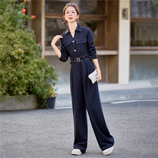 （新款现货）2026春装时尚高级显瘦天丝牛仔V领腰带阔腿连体裤，女装连体裤，印象茜