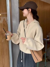 秋冬新款连帽宽松针织外套拉链纯色开衫时尚百搭，女装针织衫/毛衣，思途羊绒