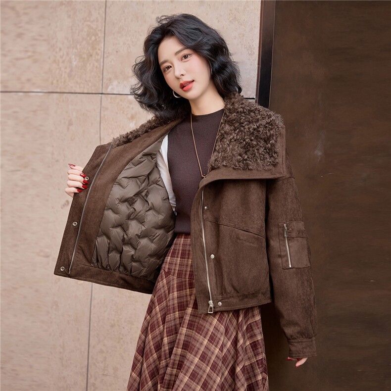 现货羽绒服外套女2025年冬季新款时尚羊羔毛拼接羽绒外套女,女装羽绒服,美沁