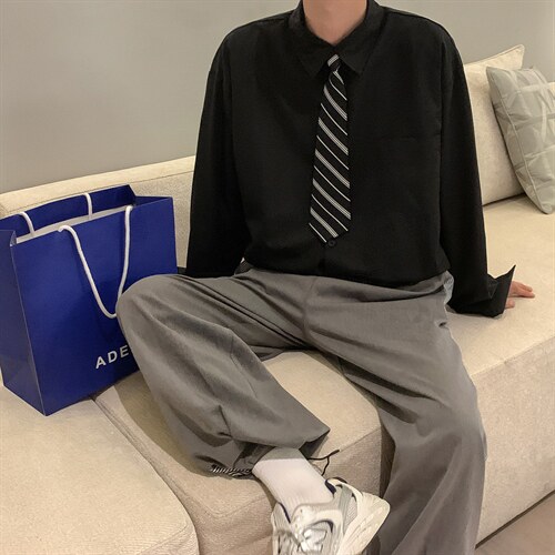 送领带 衬衫男长袖ins港风大码宽松休闲痞帅衬衣CS712P35控58图片