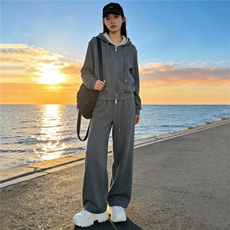 运动休闲时尚套装女春季新款假两件拉链开衫连帽卫衣直筒裤两件套，女装套装/套裙，江南