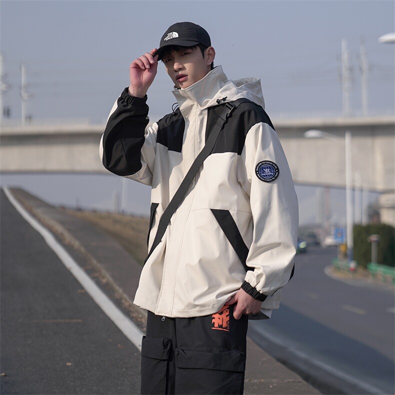 春款工装连帽夹克潮流拼色宽松贴标户外冲锋衣外套CYJK9236-P80,男装夹克,电商A128