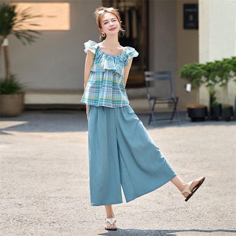 时尚减龄绝美套装女2025夏新款格子荷叶边一字肩上衣阔腿裤两件套,女装套装/套裙,采品优优