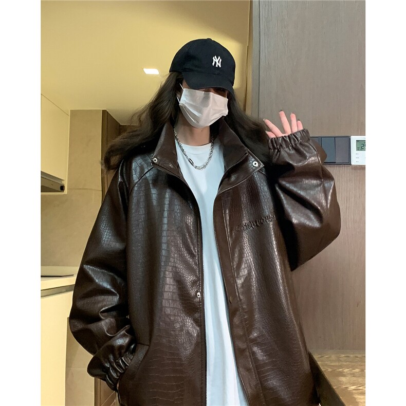 大码pu皮衣夹克钢印美式女复古oversize显瘦设计感情侣机车外套秋，女装皮衣，星座226-2