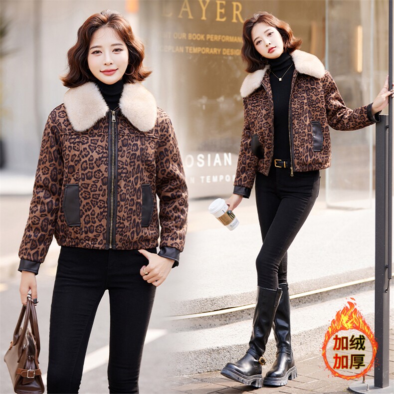 高端欧货2024新款麂皮拼接皮毛一体加绒加厚机车服豹纹外套女冬,女装羊羔毛/颗粒绒,江南女神