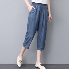 妈妈休闲天丝牛仔裤子夏款薄款宽松洋气哈伦萝卜七分裤中老年夏装，女装牛仔裤，忆绮罗