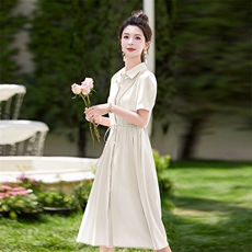 高端时尚小个子百搭衬衫裙女2024夏季新款洋气收腰气质雪纺连衣裙，女装连衣裙，曼琳思菲