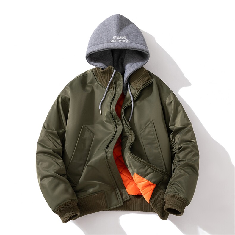 现货2色秋冬带帽可拆卸针织立领飞行服外套棉服夹克,男装棉衣,电商A105