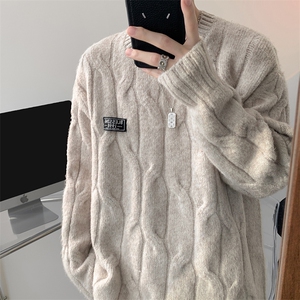 8XL-M圆领毛衣男秋冬慵懒风宽松情侣装麻花针织羊毛衫MY19004P68图片