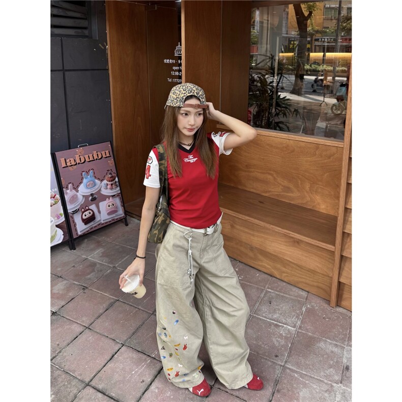 XFX美式复古宽松弯刀工装裤女高街休闲拖地阔腿印花cleanfit长裤,男装工装外套,星座506A