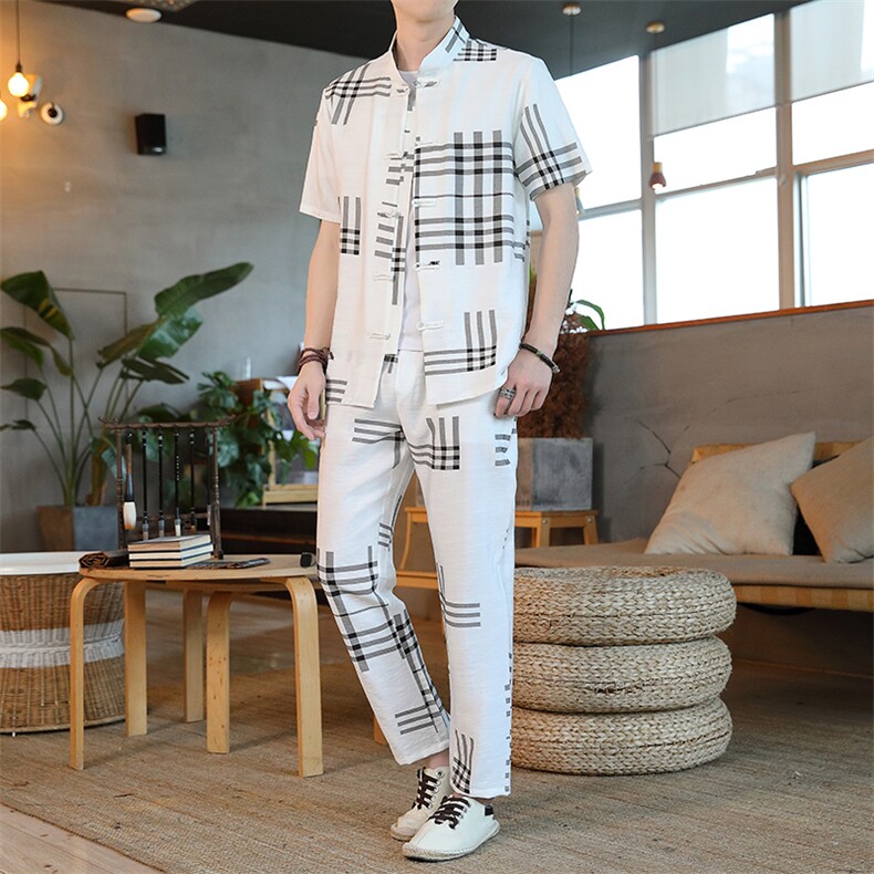 男士夏季冰丝短袖复古风唐装汉服中式居士服风套装HO6931-P65,男装T恤,星座1105-3