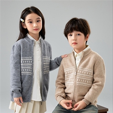 韩版洋气儿童羊毛宽松圆领提花开衫女童拉链毛衣男童针织衫外套，童装儿童羊毛衫，初丹羊绒童装