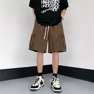 潮流ins日系复古毛边工装短裤男夏季宽松棕色五分裤子街头 D6822图片
