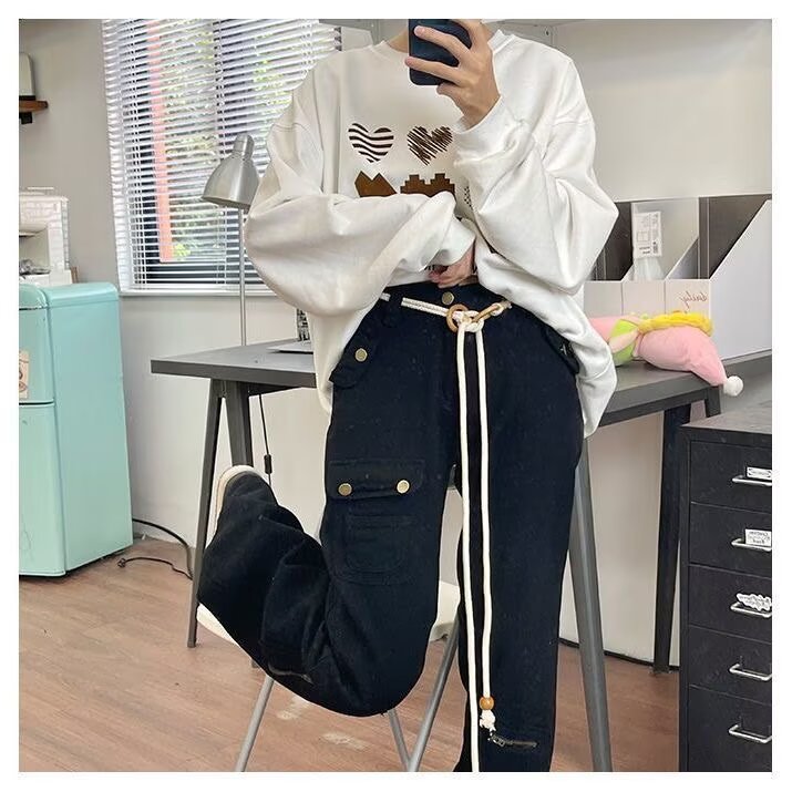 美式复古渐变色设计多口袋牛仔裤男秋季宽松嘻哈潮牌拖地直筒长裤,男装牛仔裤,四季星座505