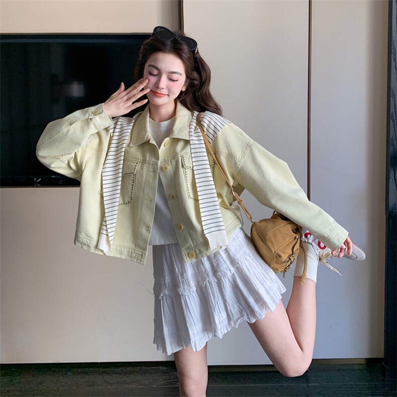 2B081-7706-p160-K238韩系条纹针织披肩长袖牛仔上衣2026春季新款,女装短外套,韩蜜菓