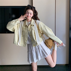 2B081-7706-p160-K238韩系条纹针织披肩长袖牛仔上衣2026春季新款，女装短外套，韩蜜菓