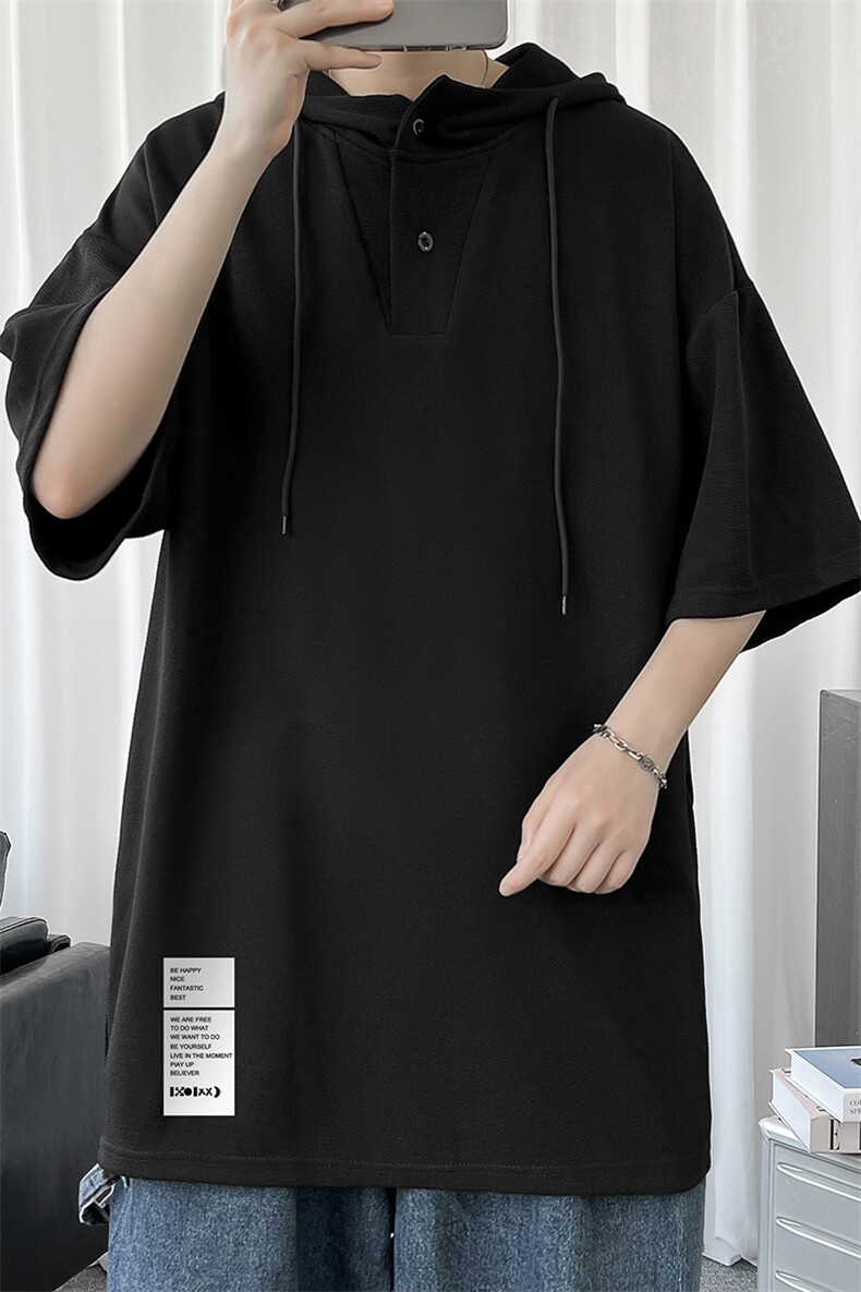 LD54045-P45连帽短袖t恤男大码胖子带帽五分袖中袖,男装T恤,电商A040