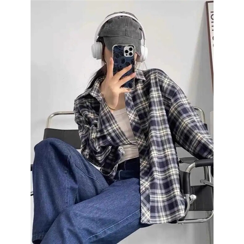 7702-P24原版慵懒风复古开衫格子衬衫女装中长款设计感宽松休闲，男装衬衫，电商B323A