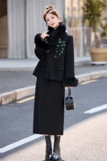 芷墨2025年冬季新款绣花新中式毛呢外套半身裙双面呢两件套装裙，女装套装/套裙，芷墨服饰