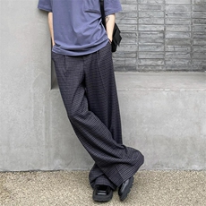 现货高品质老钱风美式弯刀阔腿裤薄款泡泡格纹男女长裤，男装休闲裤，星座610A-1
