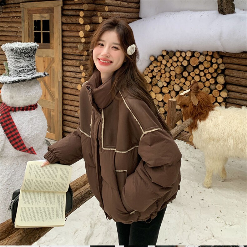 pu皮拼接羽绒服女冬季2025新款美拉德咖啡色面包服小个子流行,女装羽绒服,2D143