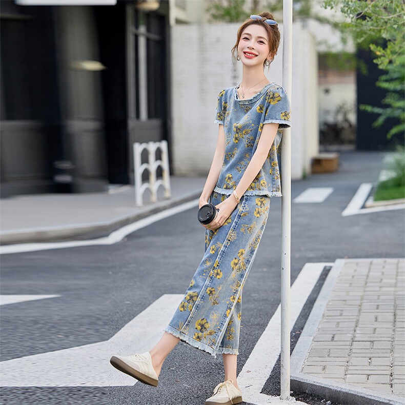 小个子印花牛仔套装女2025夏季新款高腰坠感直筒裤九分裤两件套潮,女装套装/套裙,魅影