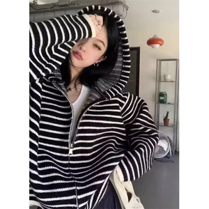 极简条纹开衫毛衣女秋款高级感中性慵懒风针织衫外套 M167图片