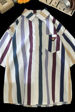 XZ-230-1CS501夏新款平铺宽松轻奢风七彩条纹休闲短袖衬衫P45控58，男装衬衫，星座230-1