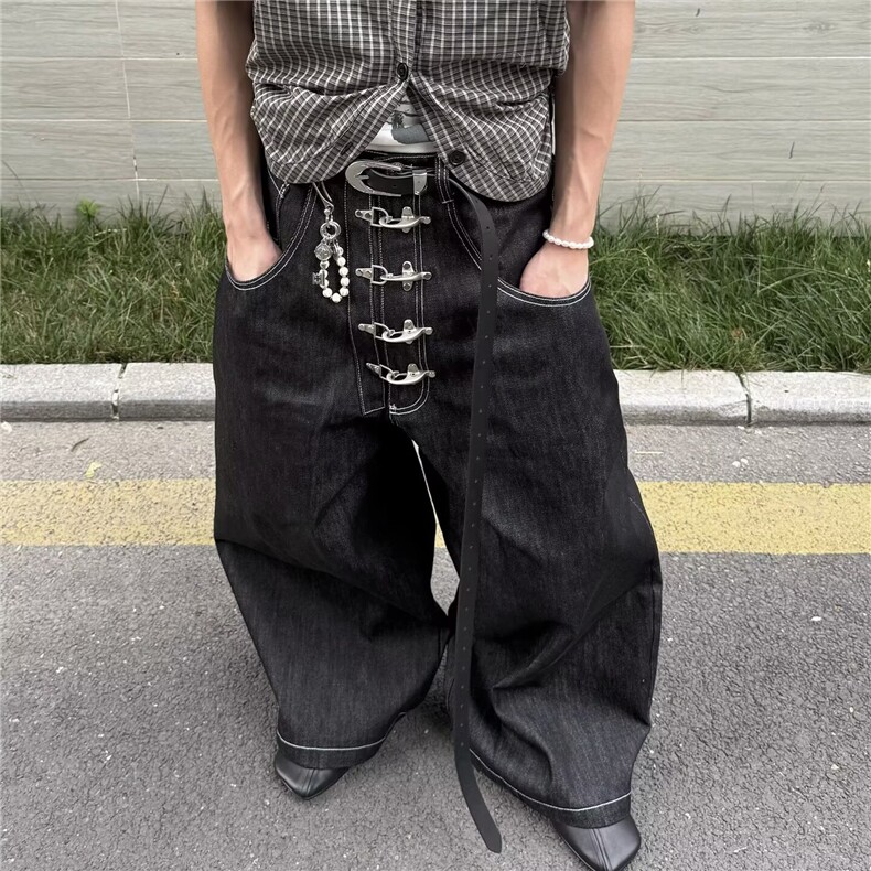 港风秋款男牛仔裤金属单排扣阔腿宽松长裤NK7045P58,男装牛仔裤,星座1013-1