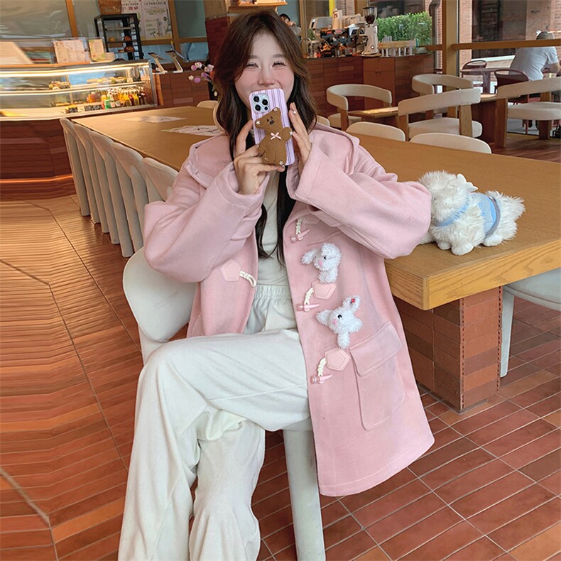 Bigsize宽松连帽羊毛呢外套（玩偶可拆装）甜美粉色,女装毛呢外套,天使之佳话