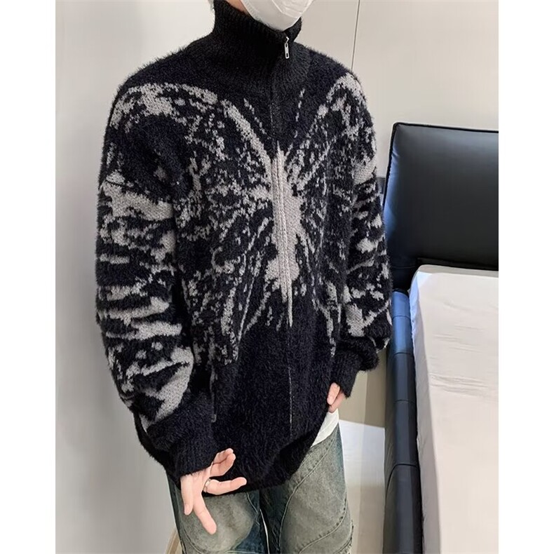 美式水貂绒黑色高领毛衣外套男秋冬季慵懒针织开衫上衣 MX052图片