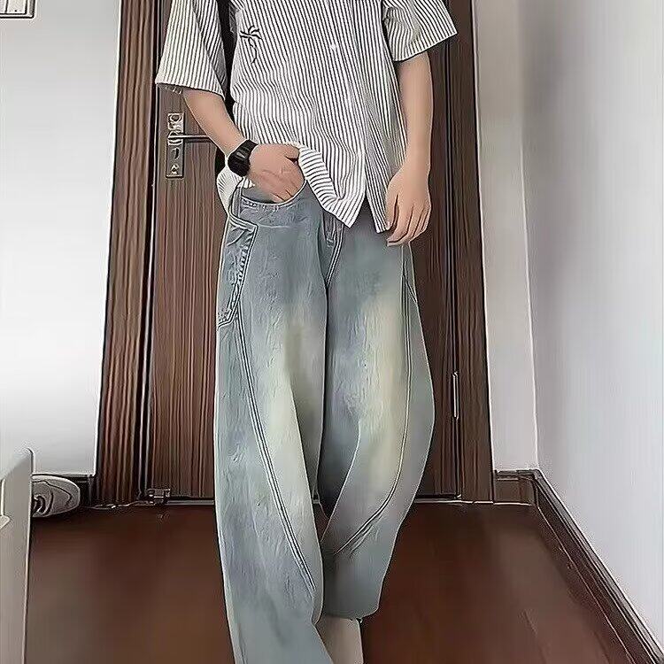 直筒牛仔裤男春夏款潮牌痞帅浅蓝色裤子美式复古宽松阔腿长裤,男装牛仔裤,星座506A
