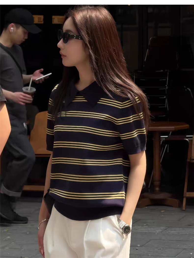 莱赛尔高级感条纹POLO领针织衫女夏季新款气质慵懒风短袖T恤上衣,女装T恤,唐诺