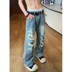 夏季多破洞怀旧蓝牛仔裤男复古直筒裤子加长版微喇裤NB157，男装牛仔裤，星座1116A（原606A-3）