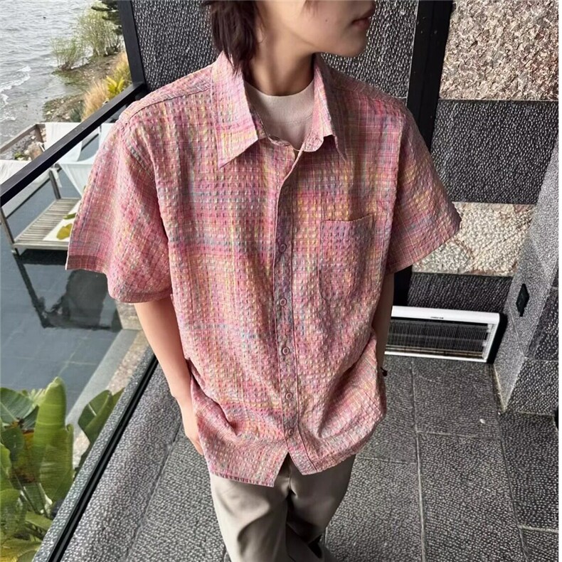 粉色泡泡格子休闲短袖衬衫潮牌复古撞色宽松翻领外套男痞帅衬衣潮,男装T恤,星座218-1（原230）