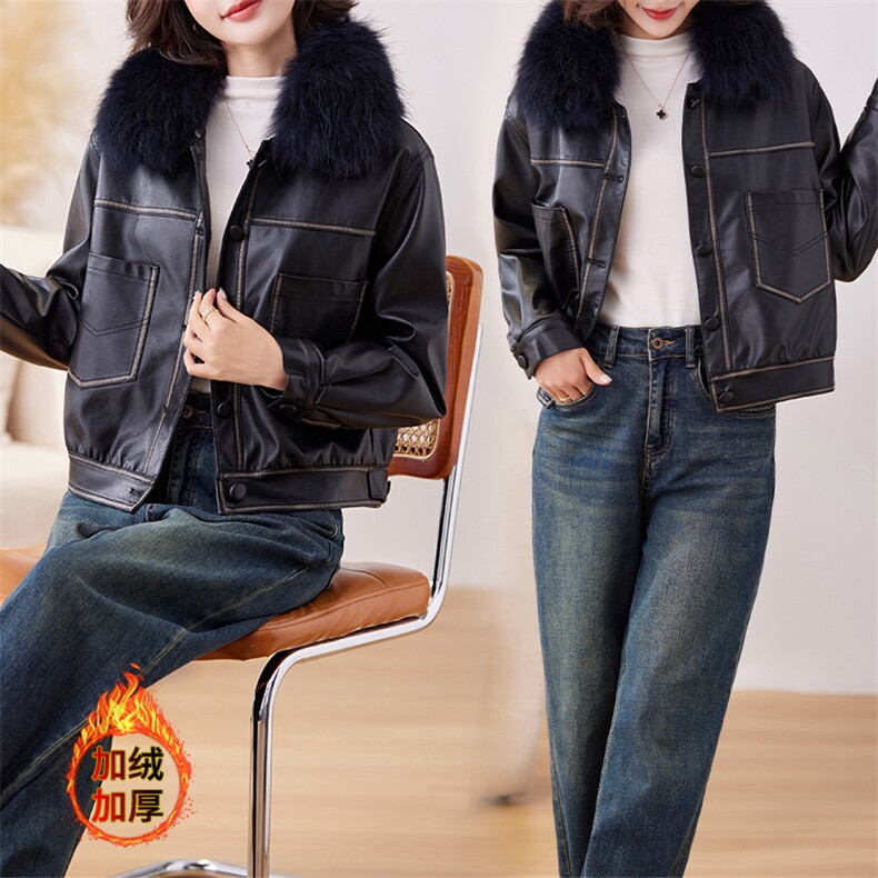 皮衣外套女短款小个子2024秋冬新款洋气百搭加绒加厚真毛领皮棉衣,女装皮衣,潮流依族