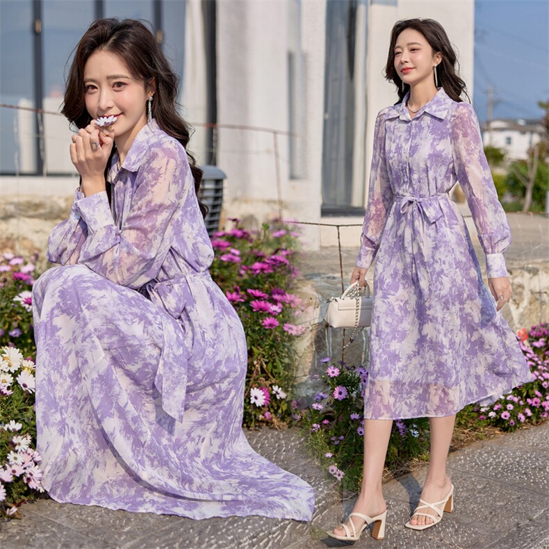 紫色碎花衬衫连衣裙女新款法式独特气质收腰裙子,女装连衣裙,韩蔻秀