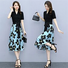 2022夏季新款简约时尚优雅气质V领个性蝴蝶结系带装饰两件套裙，女装套装/套裙，岚衣(原川流布茜）