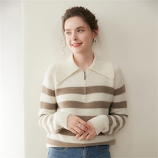 2025年秋季新款双股条纹半拉链大翻领针织上衣时尚休闲通勤，女装羊绒衫，澳煜绒