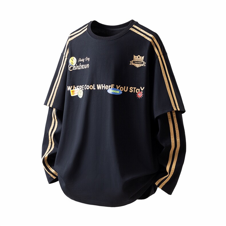 立体白底印花假二件袖子织带设计大码M-5XL长袖T恤CT78105P45控68，男装T恤，星座227-7