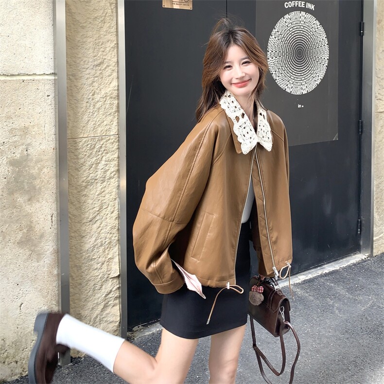 设计感洋气蕾丝领收腰宽松休闲百搭短款夹克女春秋翻领PU皮外套,女装短外套,2C166