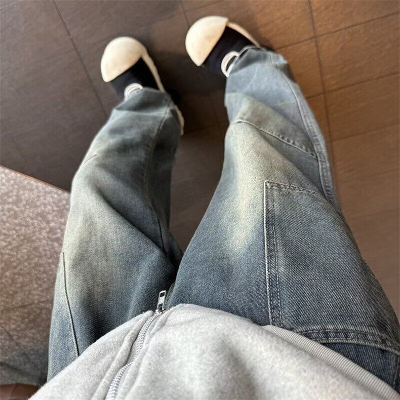 水洗美式复古拼接牛仔裤男女款高街怀旧长裤直筒宽松伐木工装裤子图片