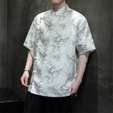 棉麻现货男士风大码立领盘扣衬衫竹叶短袖上衣CS35-P65，男装衬衫，电商A021