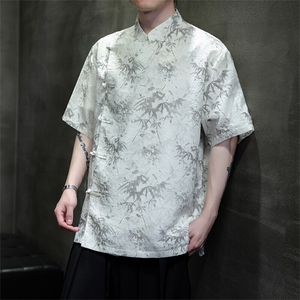 棉麻现货 男士风大码立领盘扣衬衫竹叶短袖上衣CS35-P65图片