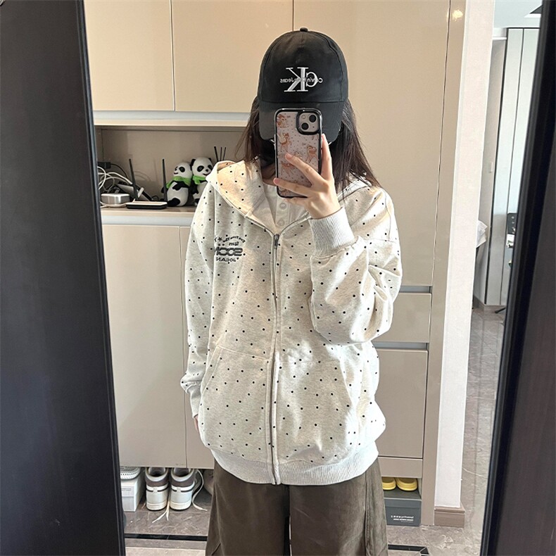复古波点刺绣连帽卫衣百搭情侣外套610A-1-LY331P46加绒P50,女装短外套,星座610A-1